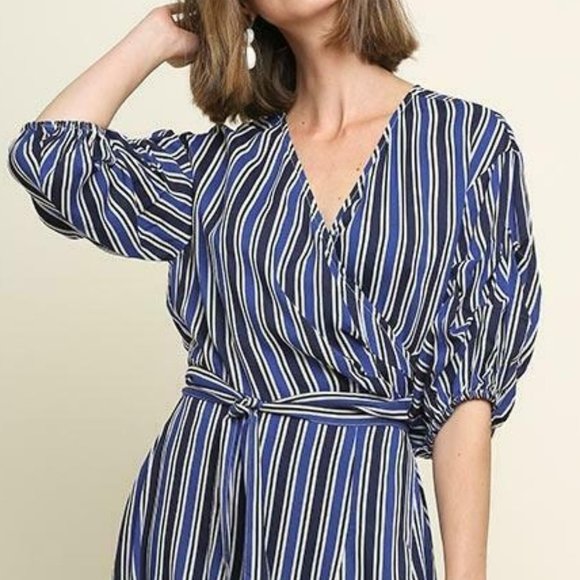 Umgee Navy Mix Striped Puff Sleeve V-Neck Wrap Midi Dress - Picture 2 of 4